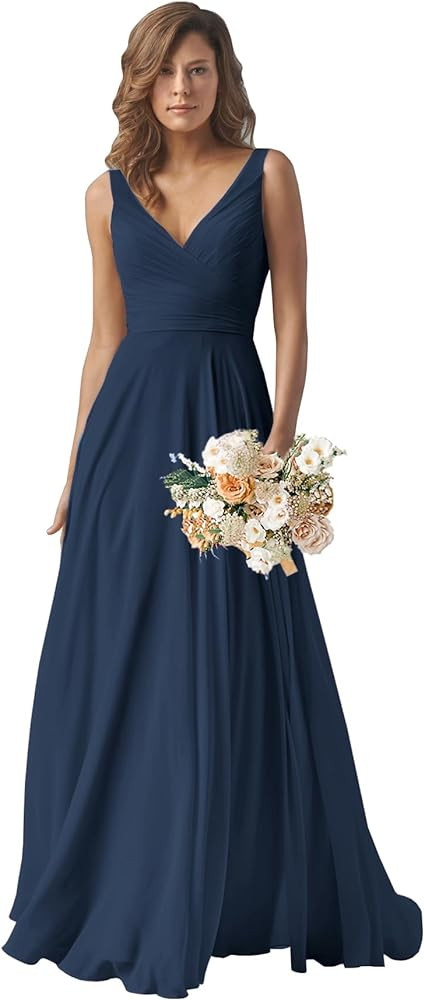 Sukleet Chiffon Bridesmaid Dresses Long for Women A Line Ruched Formal Porm Evening Gowns | Amazon (US)