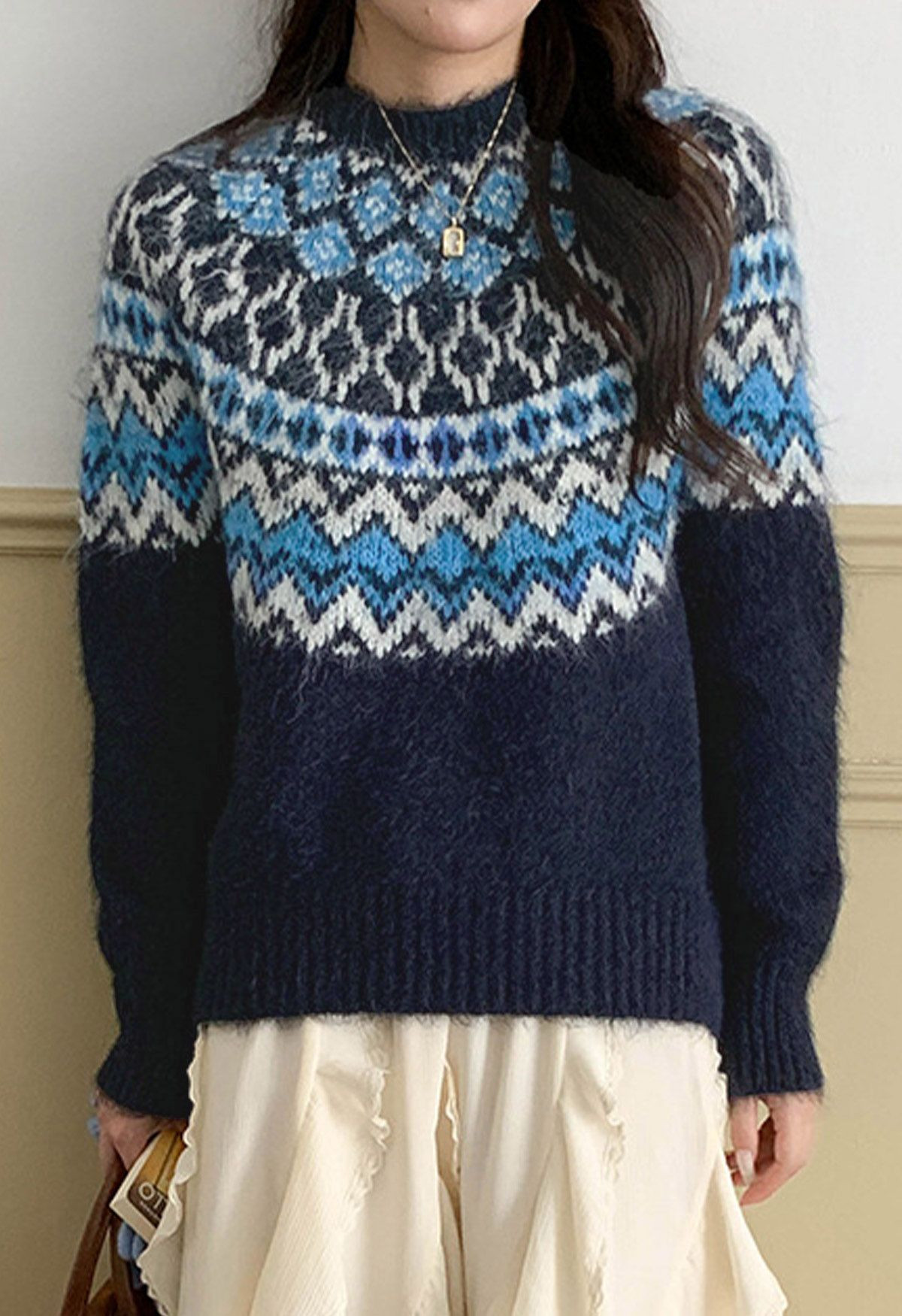 Playful Jacquard Fair Isle Knit Sweater in Navy | Chicwish