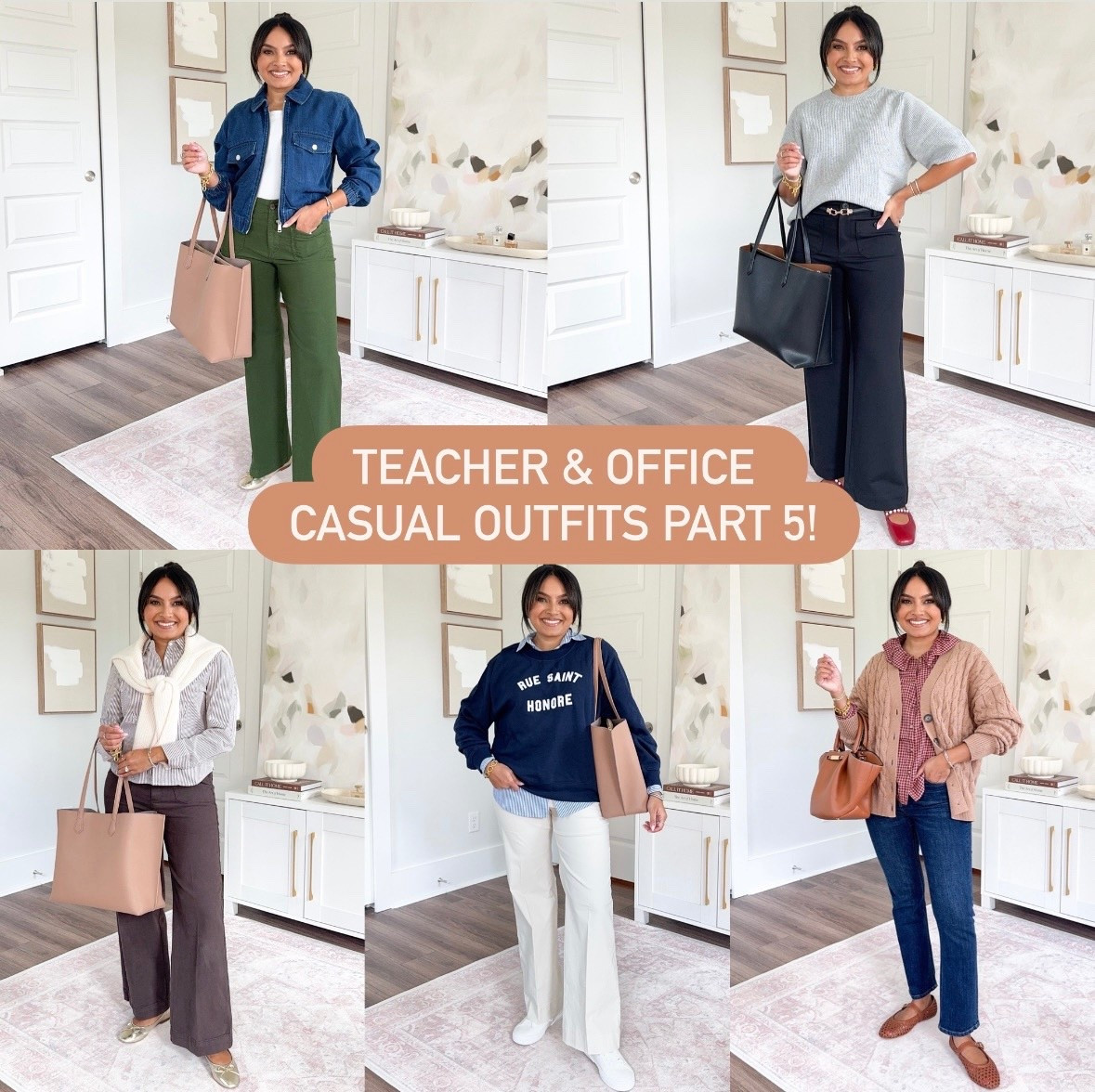 Teacher & Office Casual Outfits Part 5!
For reference: I’m 5’0, 32b bra size, and 2/26 in bottoms, pear shaped. 
*Everything I share is unaltered! TTS means true to size.

Denim jacket size xs petite TTS
White tank size xs TTS
Olive green pine pants size 26 petite TTS
Gold flats - old, similar linked

Gray sweater size xs petite TTS
Black belt size waist size below 37” TTS color R-classic black & brown
Black pants size 2 petite TTS
Red flats size 5 TTS

Brown stripe button down size xs petite TTS
Ivory sweater size xs TTS
Brown pants size 25 - sized down one size 
Gold flats - old, similar linked

Navy sweatshirt size xs petite TTS
Blue stripe button down size petite xs TTS
Ivory natural pants size 26 petite TTS
White sneakers size 6 TTS

Camel cardigan size xs petite TTS
Pink plaid button down size xs petite TTS (more orange in person)
Jeans size 26, 26” inseam TTS
Brown flats - old, similar linked 


Teacher outfits
Back to school
Office casual
Smart casual 
Fall outfit ideas
Casual style
Pull on pants
Petite outfits
Summer outfit ideas
Wear to work
Dresses with sneakers 
Travel outfits
Rachel Miranda Blog
Honeysweetpetite
Honey Sweet Petite


#LTKPetite #LTKSaleAlert #LTKWorkwear