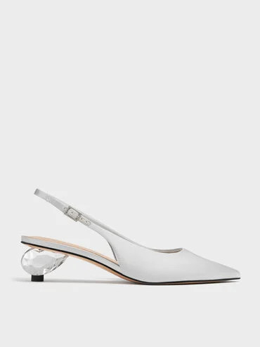 Pointed Crystal-Heel Slingback Pumps
    
         - Silver | Charles & Keith UK