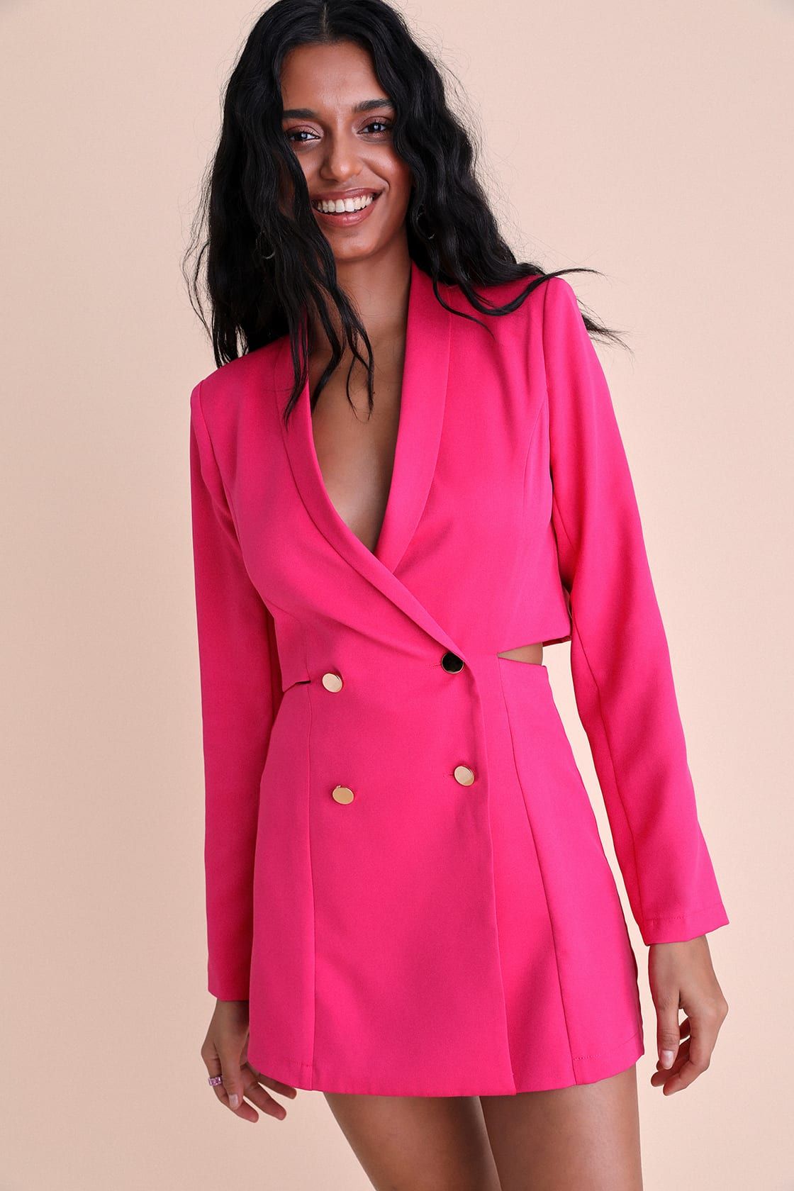 Ahead of the Trend Hot Pink Long Sleeve Blazer Romper | Lulus (US)
