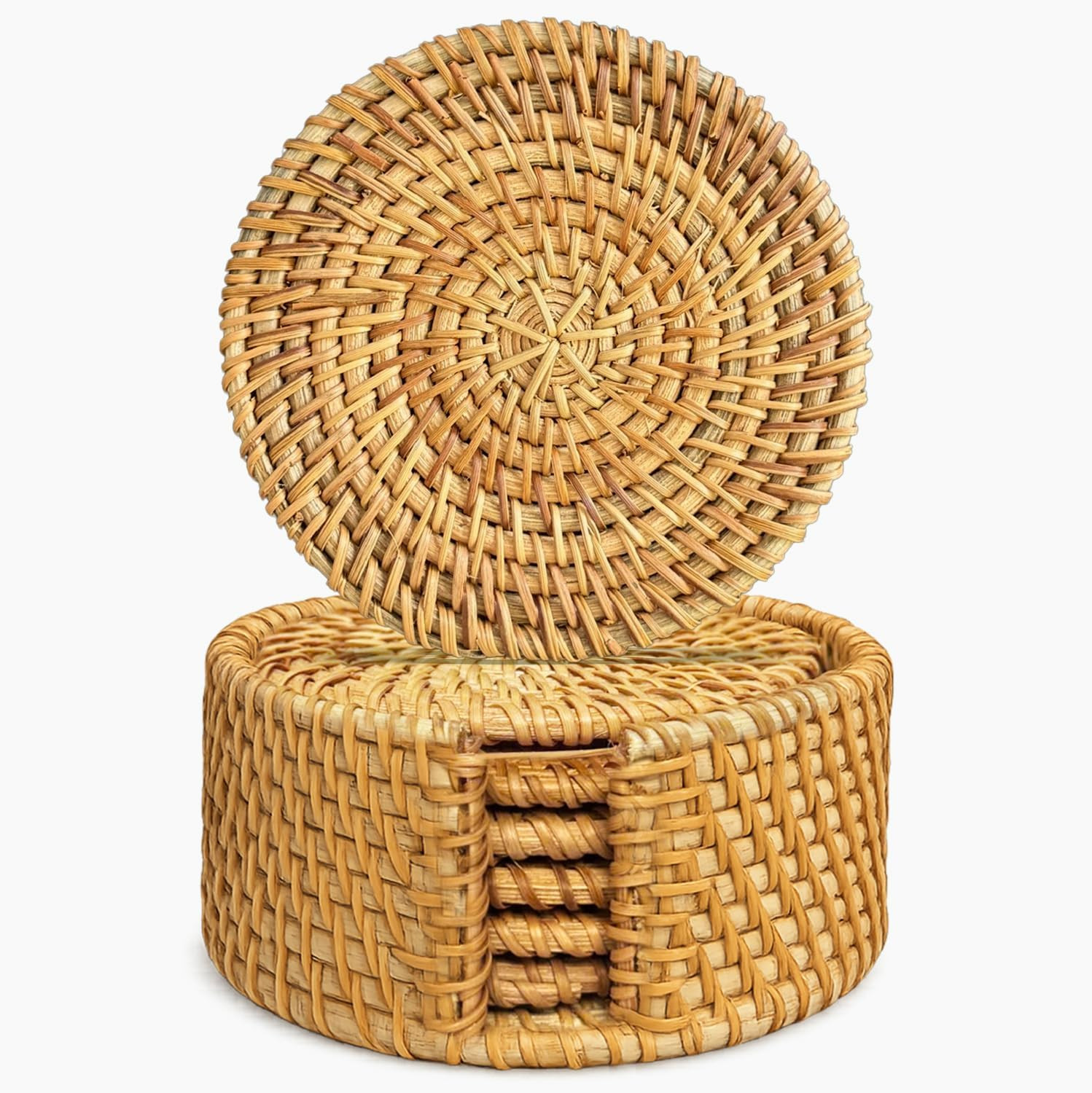 Set of 6PCS Handmade Rattan Coasters with Holder, Natural Wicker Boho Coasters, Heat-Resistant fo... | Amazon (US)
