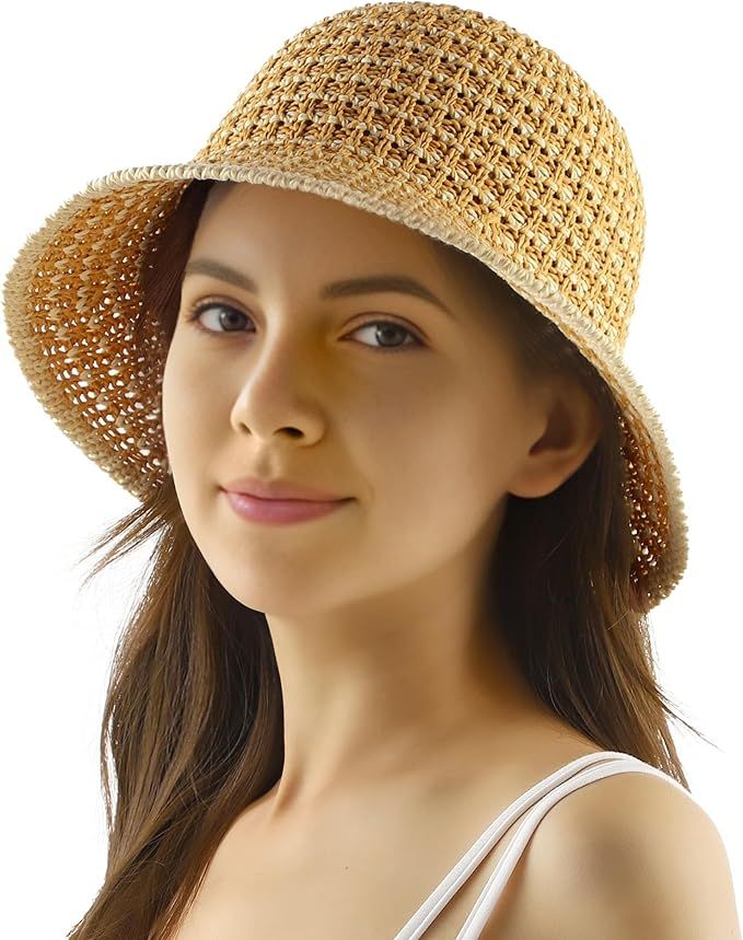 PuTian Woven Bucket Hat for Women Foldable Washable Adjustable Straw like Sun Hat Wide Brim Light... | Amazon (US)