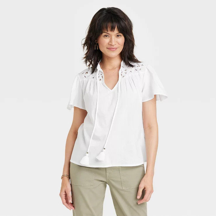 Women's Short Sleeve V-Neck Woven Eyelet Top - Knox Rose™ | Target
