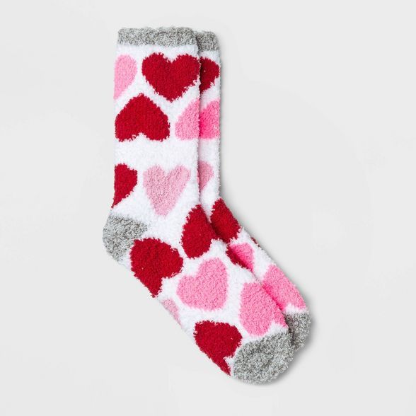 Women's Big Heart Valentine's Day Cozy Crew Socks - White/Pink/Red 4-10 | Target