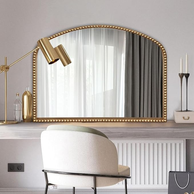 Vanity Mirror for Bedroom, 35" x 28" Large Arch Vintage Gold Wall Mirror, Beaded Frame Decorative... | Amazon (US)
