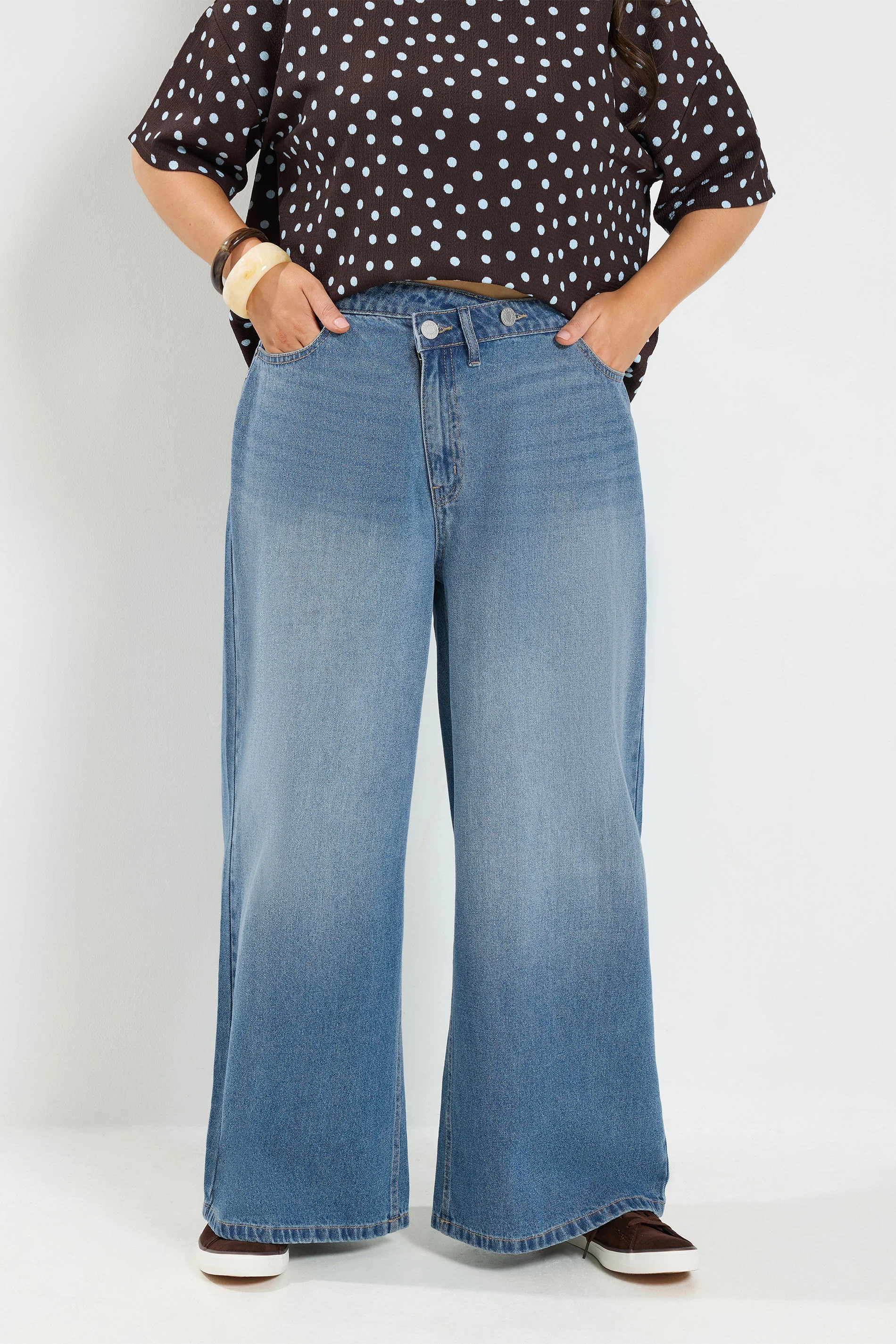 YOURS Plus Size Mid Blue Asymmetrical Waist Jeans | Yours Clothing UK