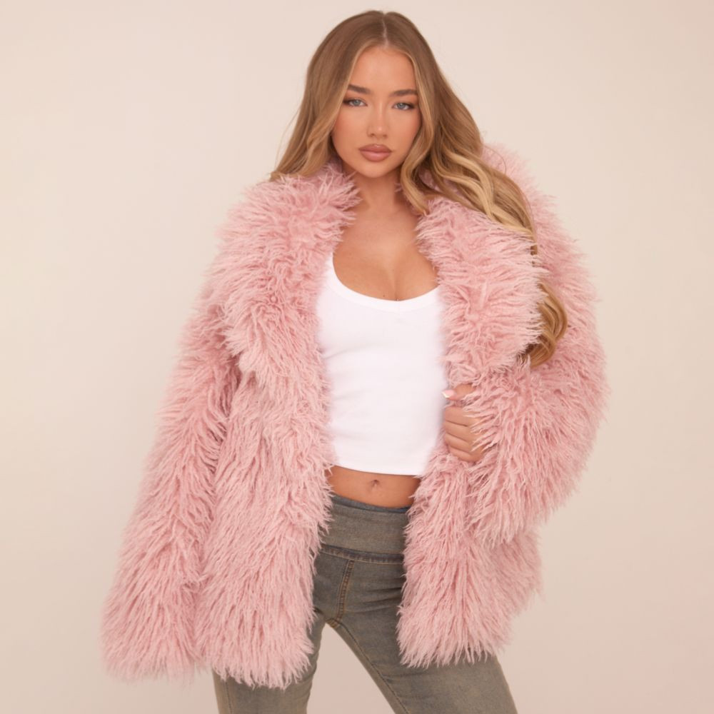 Oversized Collar Shaggy Coat In Pink Faux Fur | EGO (UK)