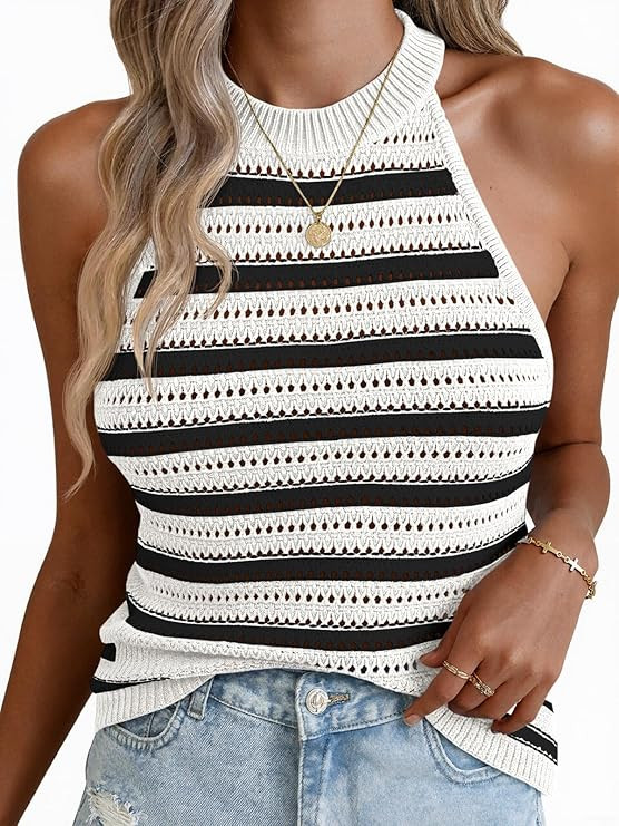 Fisoew Womens Summer Crochet Halter Tops Striped Sleeveless Tank Top Casual Knit Hollow Out Camis... | Amazon (US)
