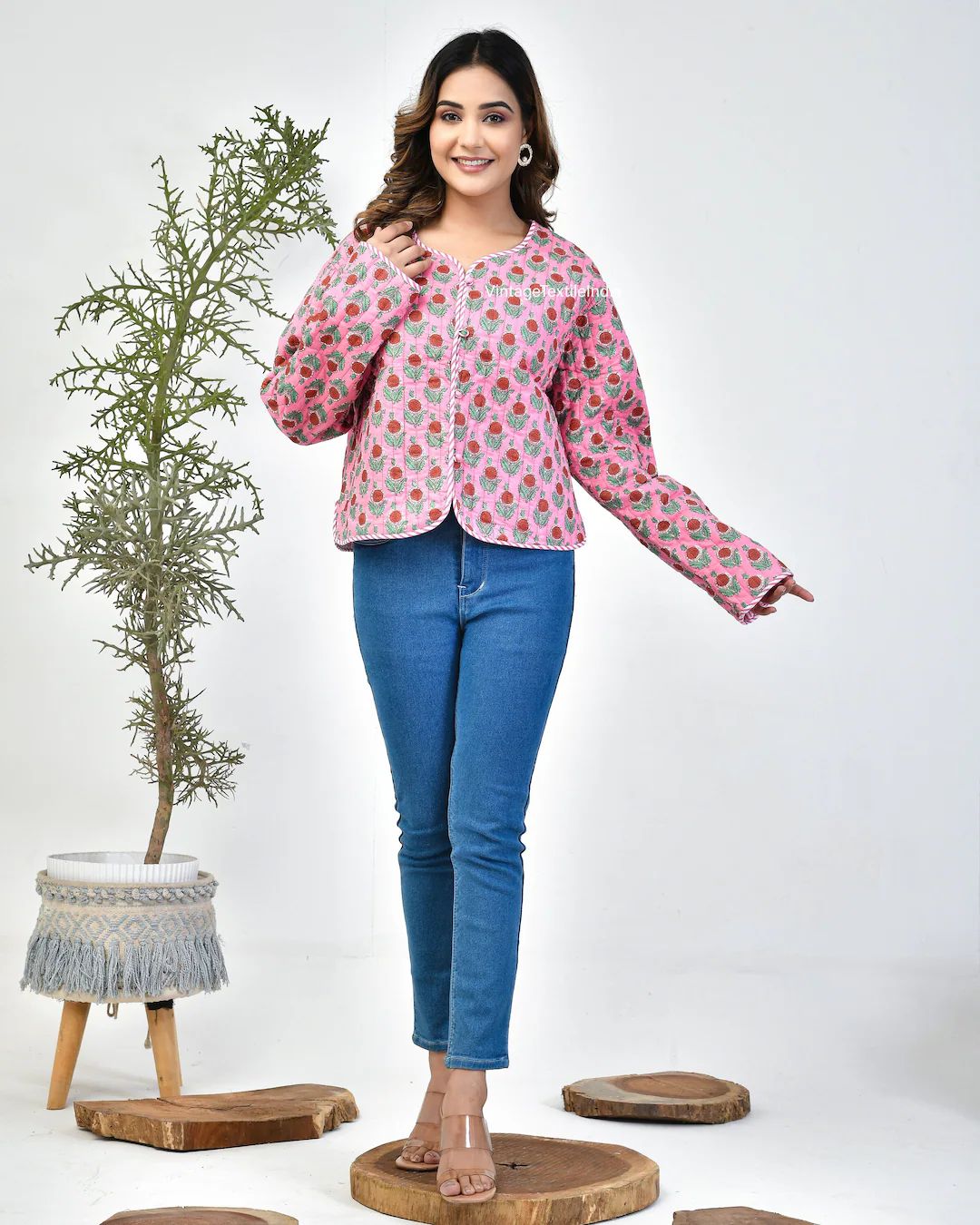 Pink Quilted Short Jacket Reversible Jacket Kimono Boho Crop Top Inside Stripe - Etsy | Etsy (US)