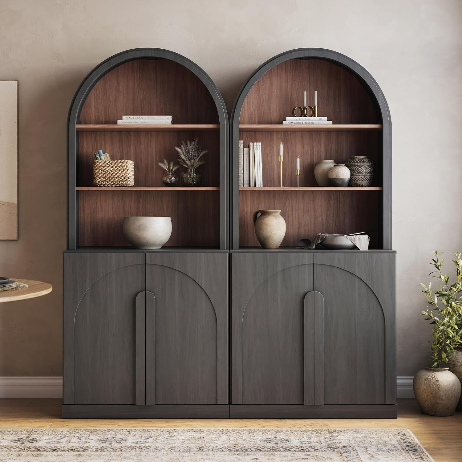 BELLEZE Set of 2 71"Tall Storage Cabinet with Arched Hutch, Wooden Sideboard Buffet Cabinet with Adjustable Shelves for Pantry Organizing, 5-Tier Modern Storage Unit for Living Room Home Office, Ebony | Amazon (US)