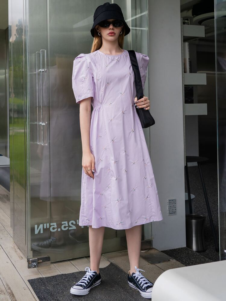 DAZY Puff Sleeve Floral Embroidery Dress | SHEIN