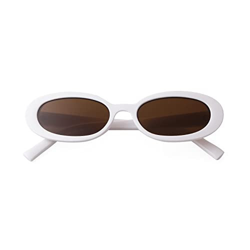 Laurinny White Oval Sunglasses for Women Retro 90s Small Skinny Sun Glasses Trendy Cute Thin Lightweight Vintage Shades Brown Lens | Amazon (US)