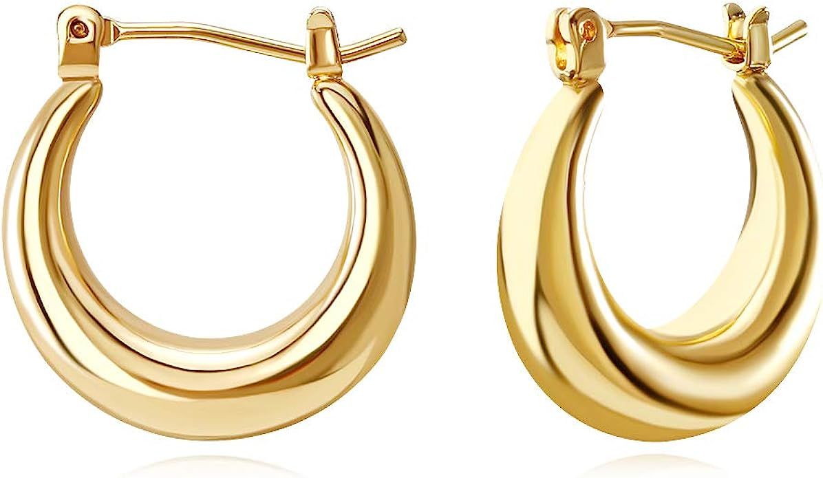 FAMARINE 14K Gold Plated Chunky Small Hoop Earrings, Dainty Minimalist Open Hoops Earrings For Wo... | Amazon (US)