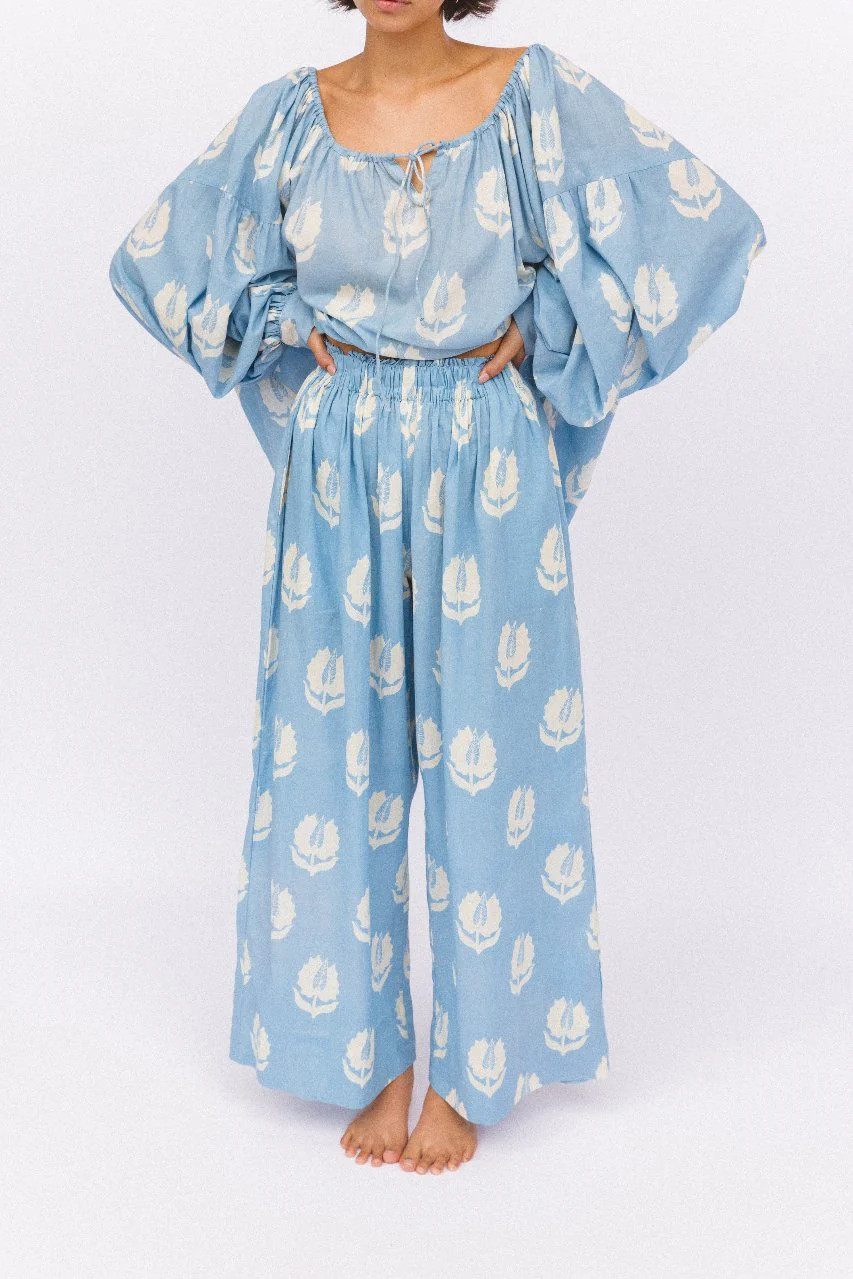 Ria Pants ~ Sky | Floral Cotton Pants, Made By Artisans in India | Daughters of India