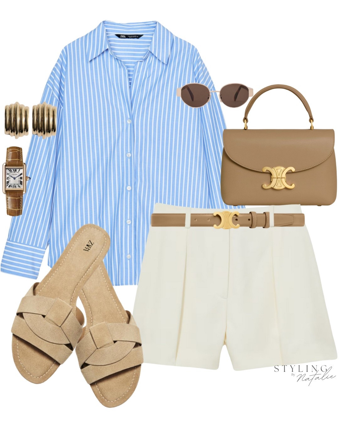 Blue shirt summer outfit- stripe poplin shirt, tailored shorts, Celine belt & bag, suede slide sandals, Celine sunglasses and gold earrings.
Casual chic, summer outfit, classy style. Zara style, high street, blue shirt, tan accessories.

#LTKstyletip #LTKeurope #LTKsummer