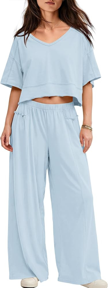 Yanekop Womens Two Piece Lounge Set for Summer Airport Travel Outfit V Neck Crop Tops and Wide Le... | Amazon (US)