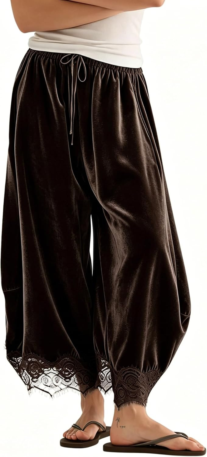 Athlisan Women's Velvet Lace Trim Drawstring Barrel Casual Cropped Pants | Amazon (US)