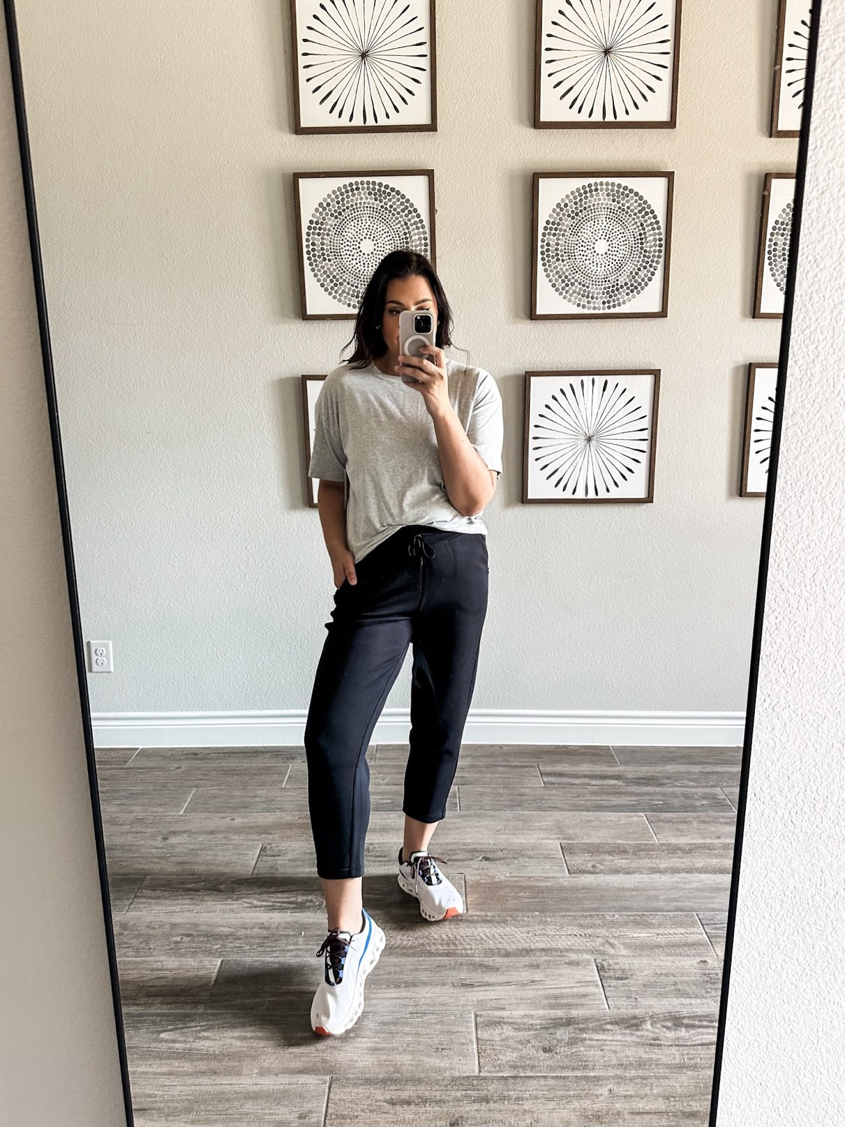 I love this top as well. This is more of a t-shirt fabric, a blend with bounce. This is more activewear feeling than a regular tee but you could still wear it as a casual  top. this one runs a bit big, but I liked to looseness of it all. I got the large because I hate when arm holes are tight and I didn’t trust the medium. 

I’m in the medium of the joggers! So so soft!