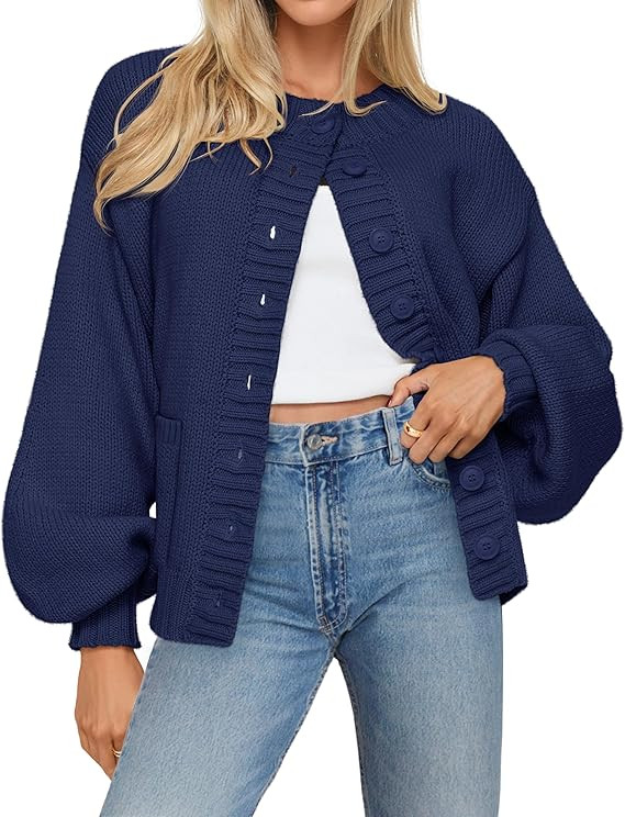 MEROKEETY Women's Fall Long Lantern Sleeve Cardigan Sweaters Casual Button Down Crewneck Open Fro... | Amazon (US)