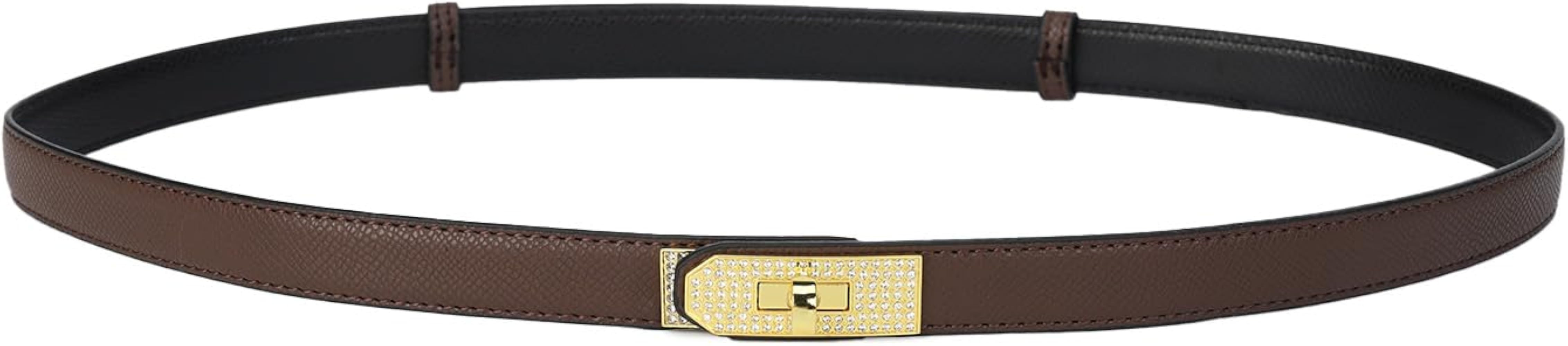 Women's Skinny Leather Belt With Adjustable Gold Alloy Turn-lock Rhinestione Buckle For Dresses,J... | Amazon (US)