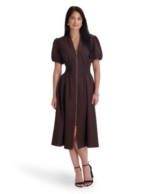 Kensie Women's Puff-Sleeve Smocked-Waist A-Line Midi Dress - Chocolate | Macy's