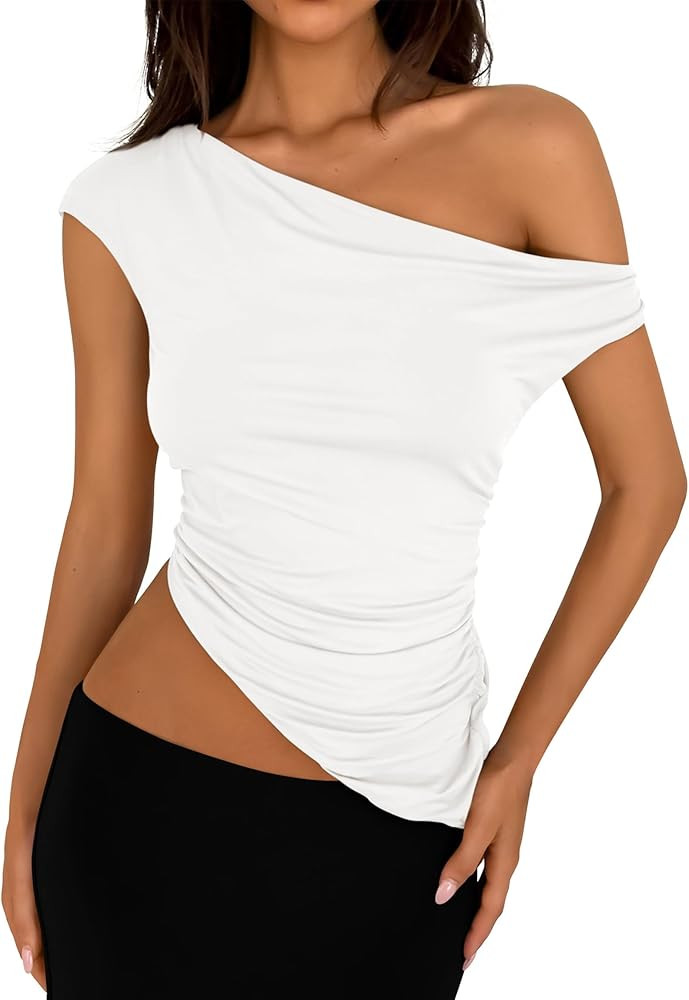 PRETTYGARDEN Womens 2025 Summer Off The Shoulder Crop Tops Sleeveless One Shoulder Ruched Asymmet... | Amazon (US)