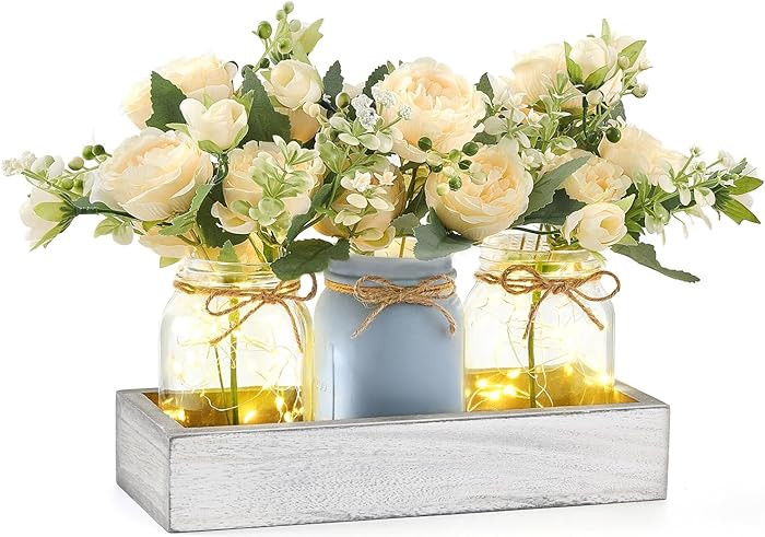 Mkono Mason Jar Lights Centerpiece Table Decor for Dining Room Farmhouse Wood Tray with 3 Jars Fl... | Amazon (US)