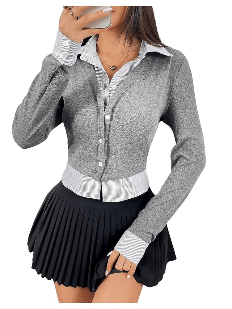 MakeMeChic Women's Striped Print Long Sleeve Shirt Button Down Collar Neck Blouse Tops | Amazon (US)