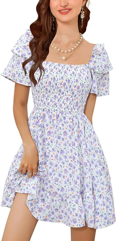Byinns Women's Floral Mini Sundress Square Neck Layered Short Sleeve Smocked Boho Dress Cottageco... | Amazon (US)