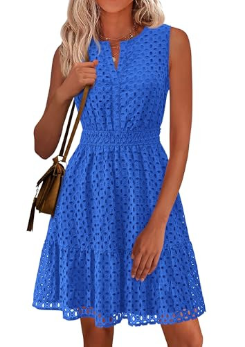 PRETTYGARDEN Women's Summer Dresses 2026 Sleeveless V Neck Eyelet Hollow Out Swing A Line Beach Vacation Sun Dress (Blue,XX-Large) | Amazon (US)