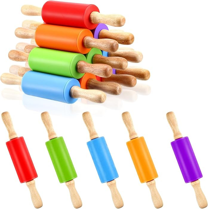 10Pcs 9 Inch Mini Silicone Rolling Pin, Small Kids Rolling Pins for Baking     Wooden Handles Rol... | Amazon (US)