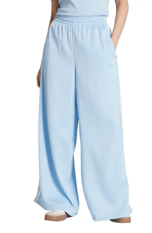 adidas Satin Ruffle 3-Stripes Wide Leg Track Pants in Clear Sky at Nordstrom, Size X-Small | Nordstrom