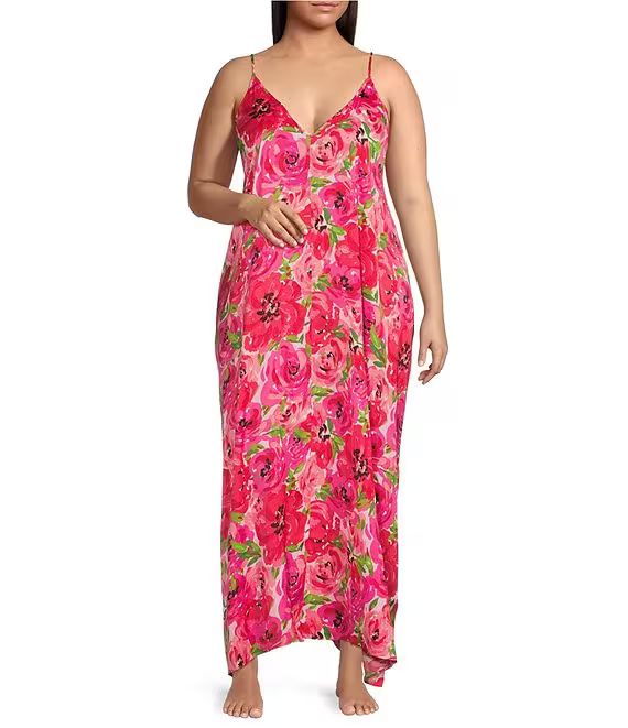 Plus Size Floral Print Woven Satin Sleeveless Maxi Chemise | Dillard's