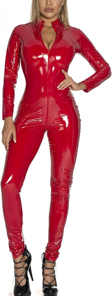 Panegy Women's Metallic Leotard Mesh Front Leather Bodysuit Jumpsuit with Chains | Amazon (US)