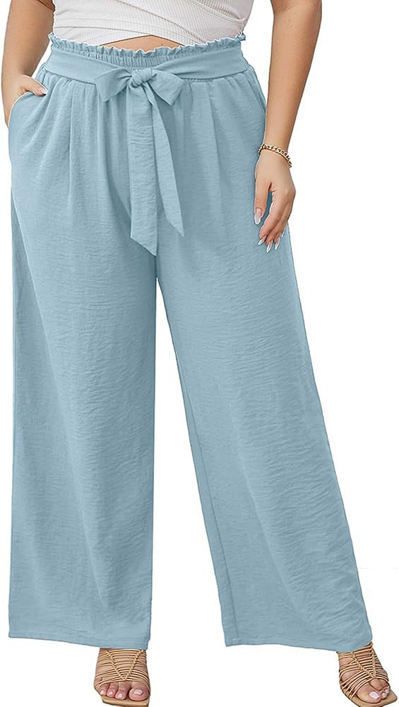 AusLook Women's Plus Size Wide Leg Pants with Pockets Blue Gray 2X Lightweight High Waisted Tie K... | Amazon (US)