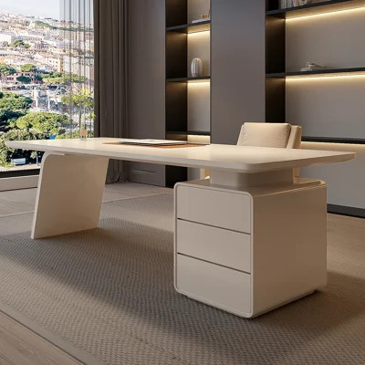 Minimalist Cream White Solid Wood Computer Desk, Light Luxury Executive Office Table with Side 3-Drawer Storage, Cable Management Cutout & Special-Sha | Wayfair North America