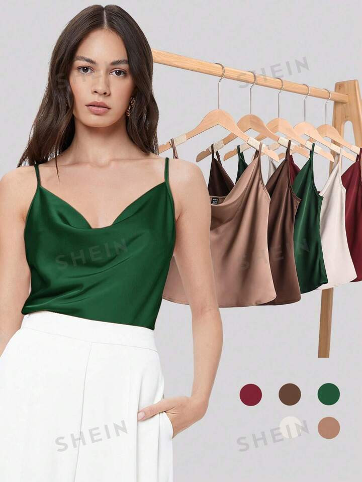 SHEIN BIZwear Green Cowl Collar Satin Camisole Camisole For Workwear | SHEIN
