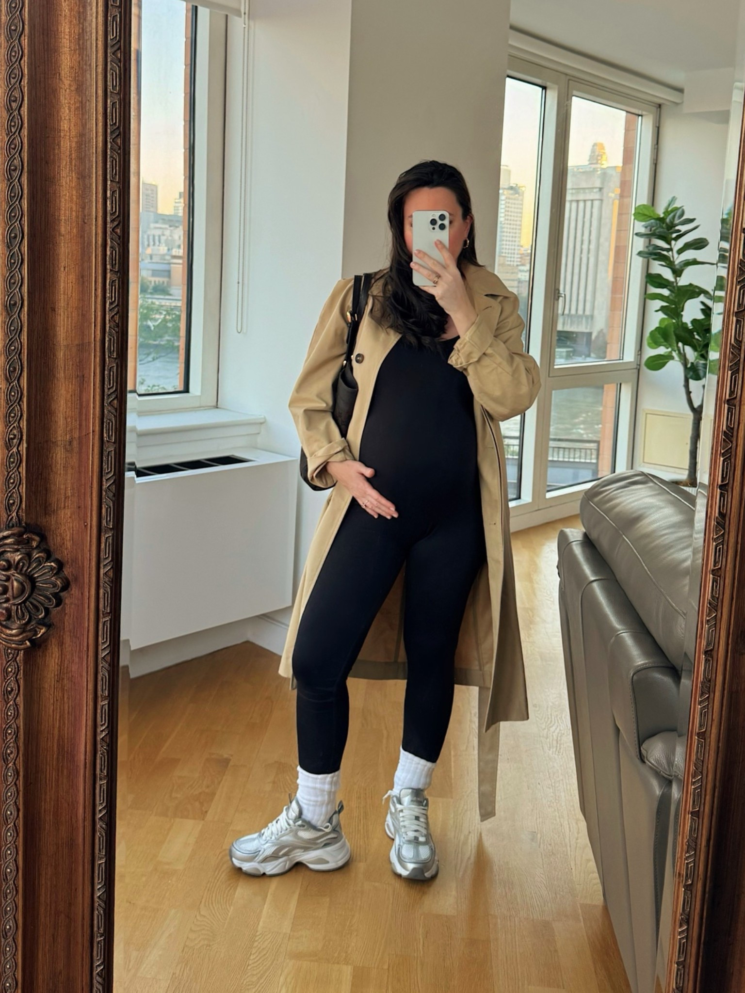 Easiest maternity outfit 🫶
Bumpsuit size S
Mango trench coat S
Aritzia slouchy socks
Gucci tote bag
Reebok size 7
Amazon heels, usual size

#LTKmomlife #LTKBump