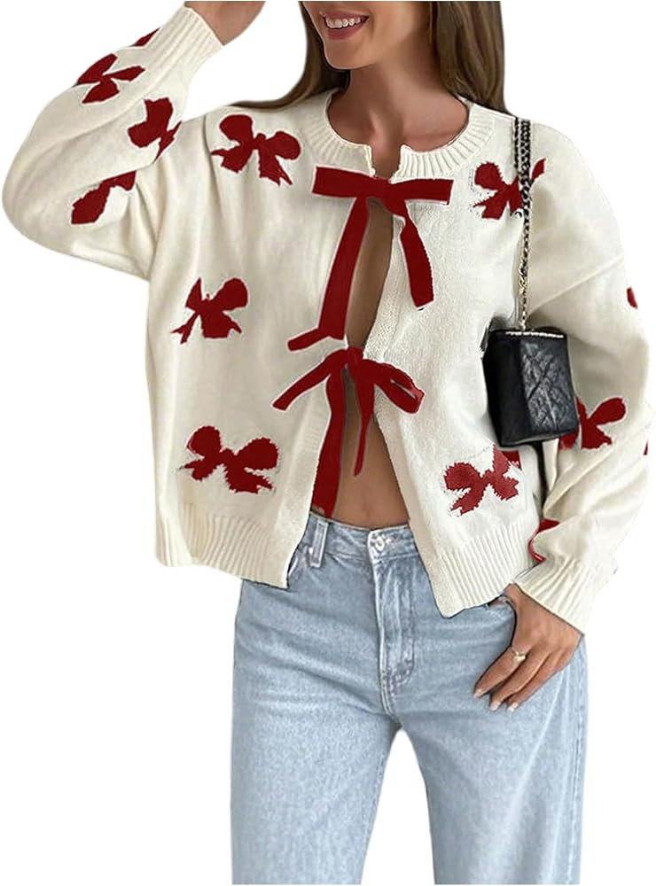 SHENHE Women's Tie Front Bow Cardigan Sweater Crew Neck Loose Fit Coquette Knit Sweater | Amazon (US)