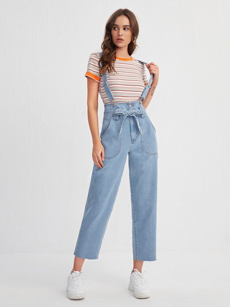 Slant Pocket Denim Overalls With Adjustable Strap | SHEIN