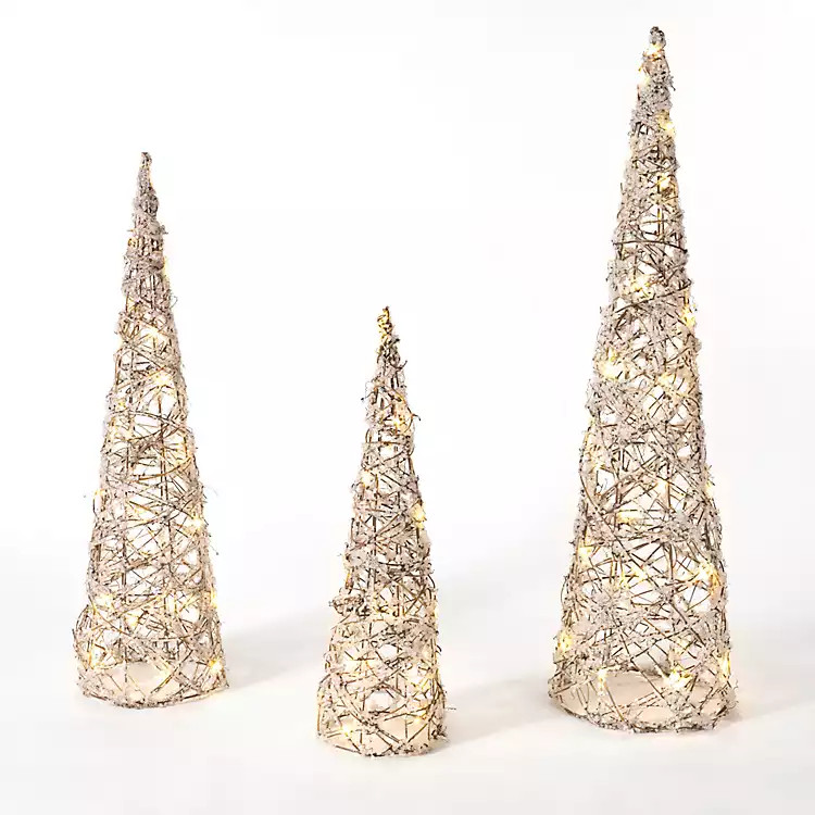 Pre-Lit Iced Rattan Cone Trees, Set of 3 | Kirkland's Home