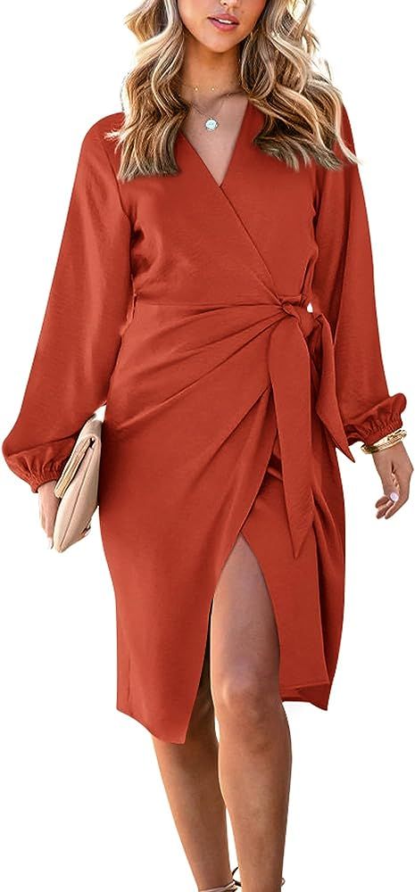 Amkoyam Women's Fall Dresses 2023 Casual Long Sleeve Wrap V Neck Midi Dress Solid Tie Waist High ... | Amazon (US)