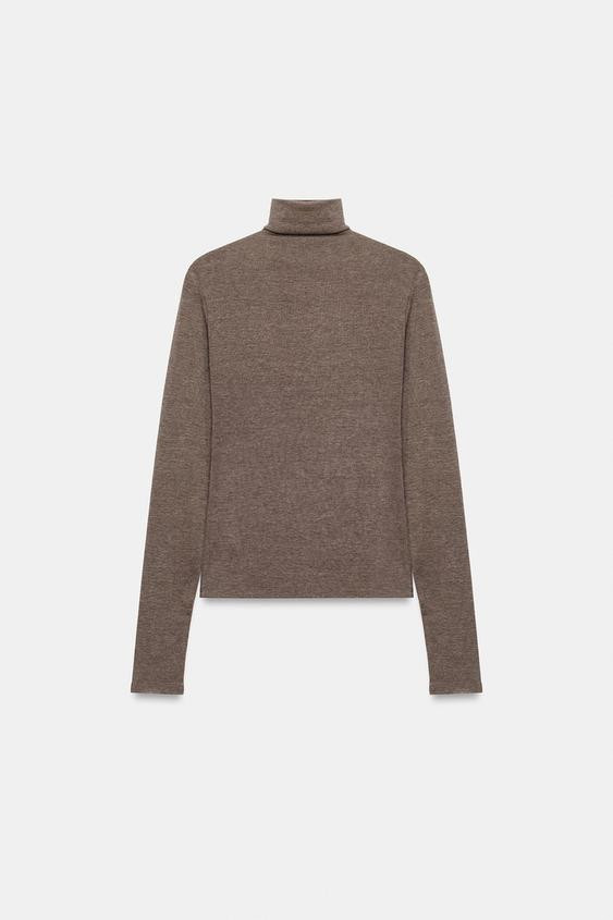 Zara - Turtleneck T-Shirt - Brown Marl - L - Woman | Zara UK
