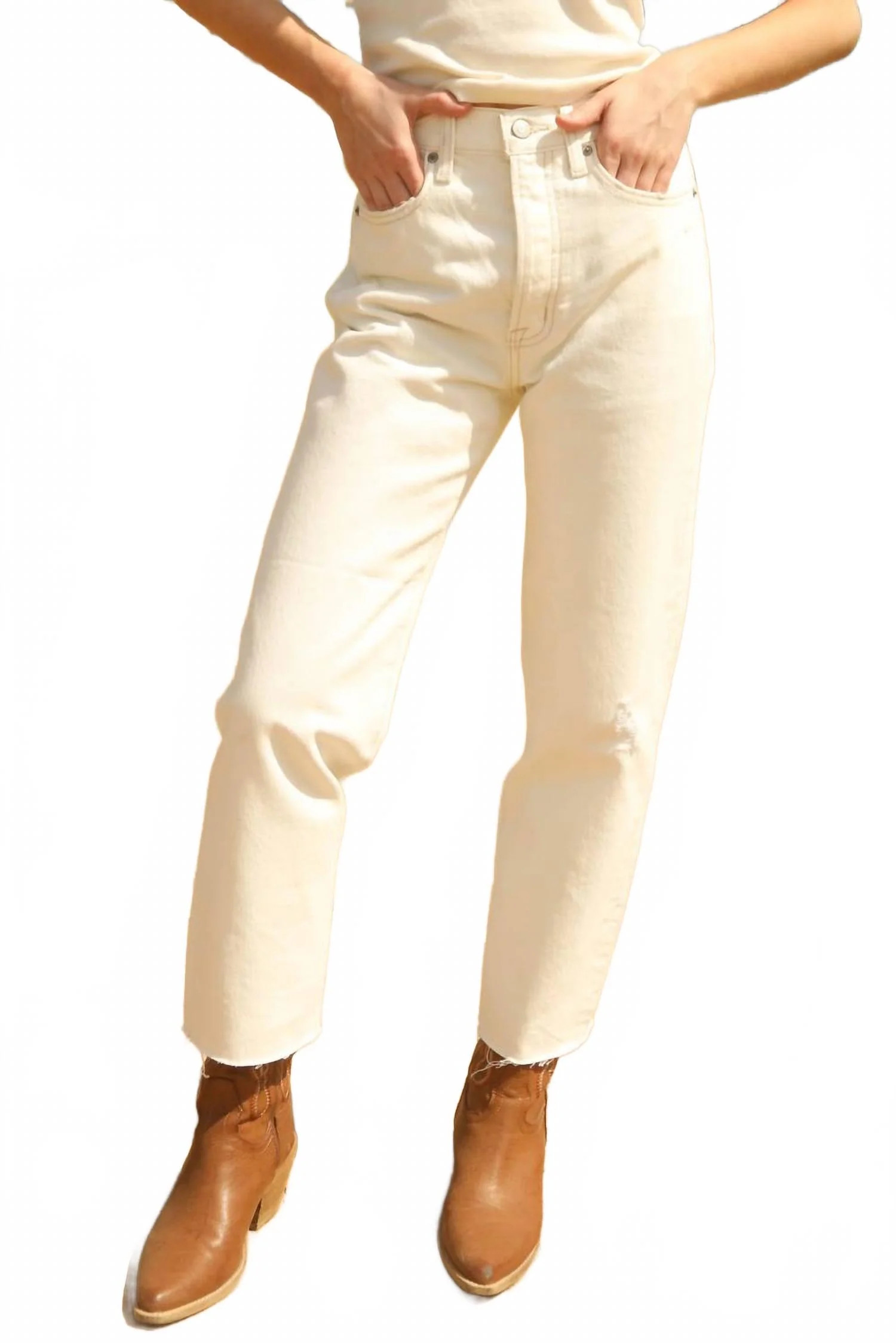 Cassie Crop Super High Rise Straight Jeans In Ecru | Shop Simon