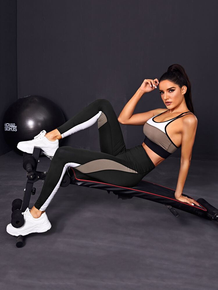 Color-block Crisscross Back Sports Bra & Leggings | SHEIN