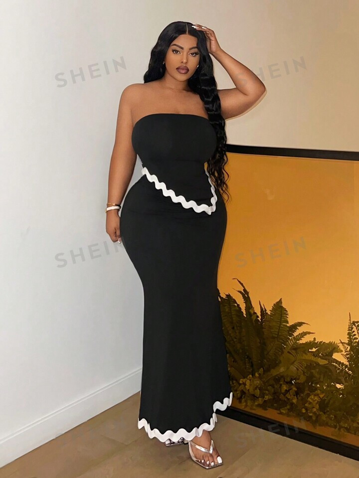 SHEIN Privé Plus Size Summer Fashion Color-Block Bandeau Top And Mermaid Hem Skirt Set With Wove... | SHEIN