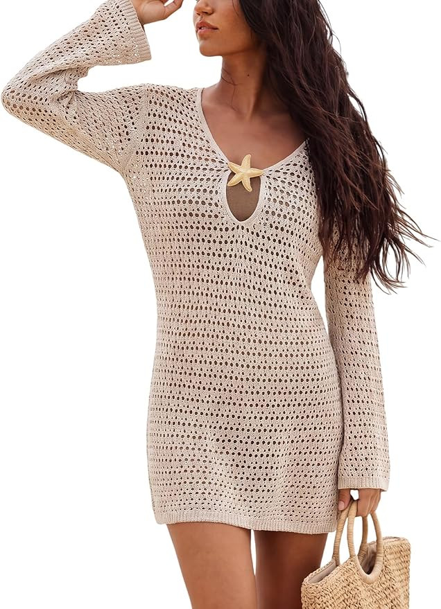CUPSHE Women Crochet Swimsuit Cover Ups Long Sleeve Summer Beach Coverup Dress for Swimwear | Amazon (US)