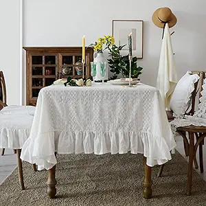 ARTMAGIC French White Cotton Tablecloth Ruffled Lace Fabric Tablecloths Rustic Rectangular Washab... | Amazon (US)