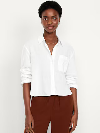 Linen-Blend Button-Down Crop Shirt | Old Navy (US)